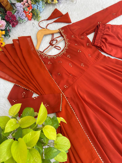 Rust-Orange Georgette and Mirror-Embroidered Anarkali Gown and Dupatta Set