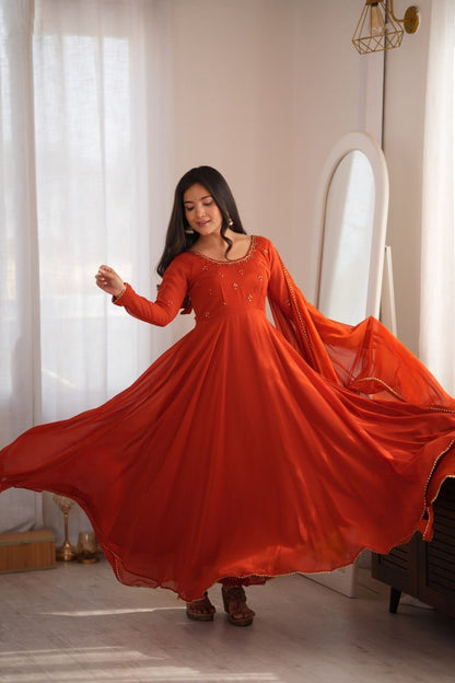 Rust-Orange Georgette and Mirror-Embroidered Anarkali Gown and Dupatta Set