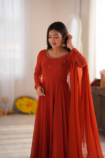 Rust-Orange Georgette and Mirror-Embroidered Anarkali Gown and Dupatta Set