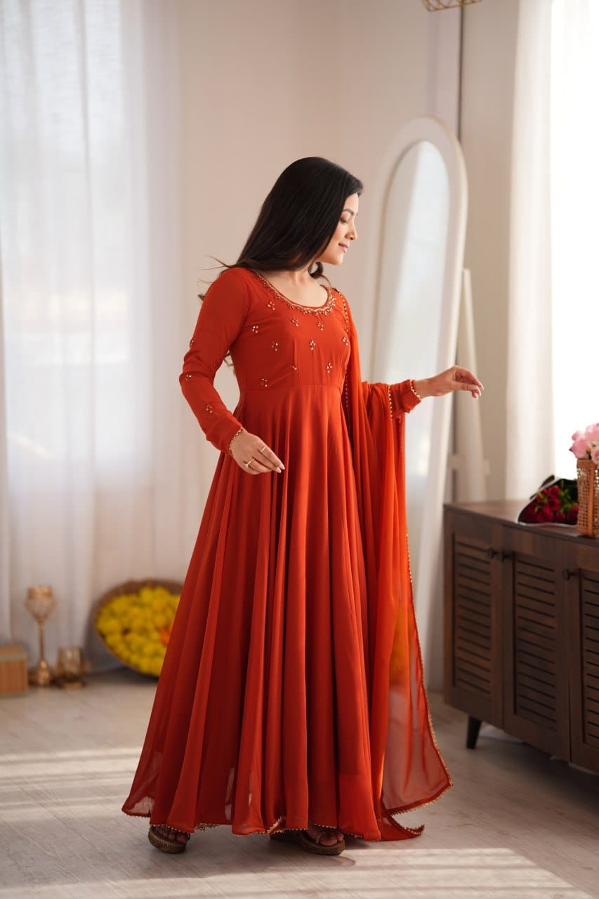 Rust-Orange Georgette and Mirror-Embroidered Anarkali Gown and Dupatta Set