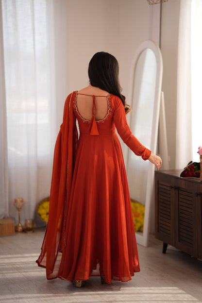 Rust-Orange Georgette and Mirror-Embroidered Anarkali Gown and Dupatta Set