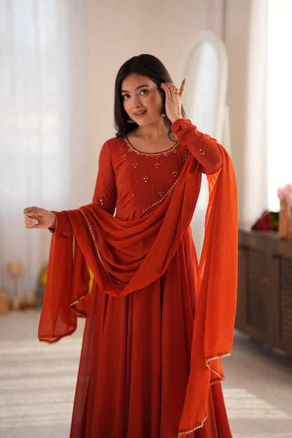 Rust-Orange Georgette and Mirror-Embroidered Anarkali Gown and Dupatta Set