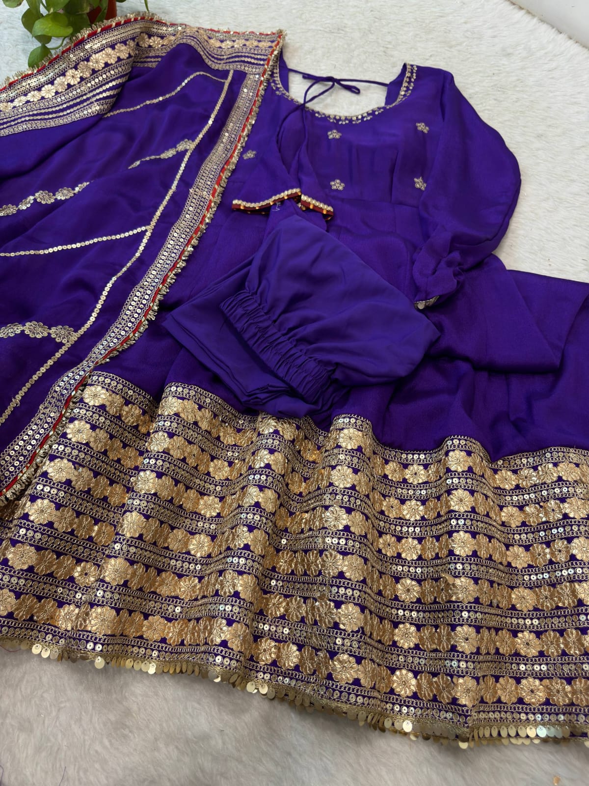 Purple color Gold Zari and Sequence and Embroidery work Party Wear Designer Anarkali Gown