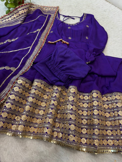 Purple color Gold Zari and Sequence and Embroidery work Party Wear Designer Anarkali Gown
