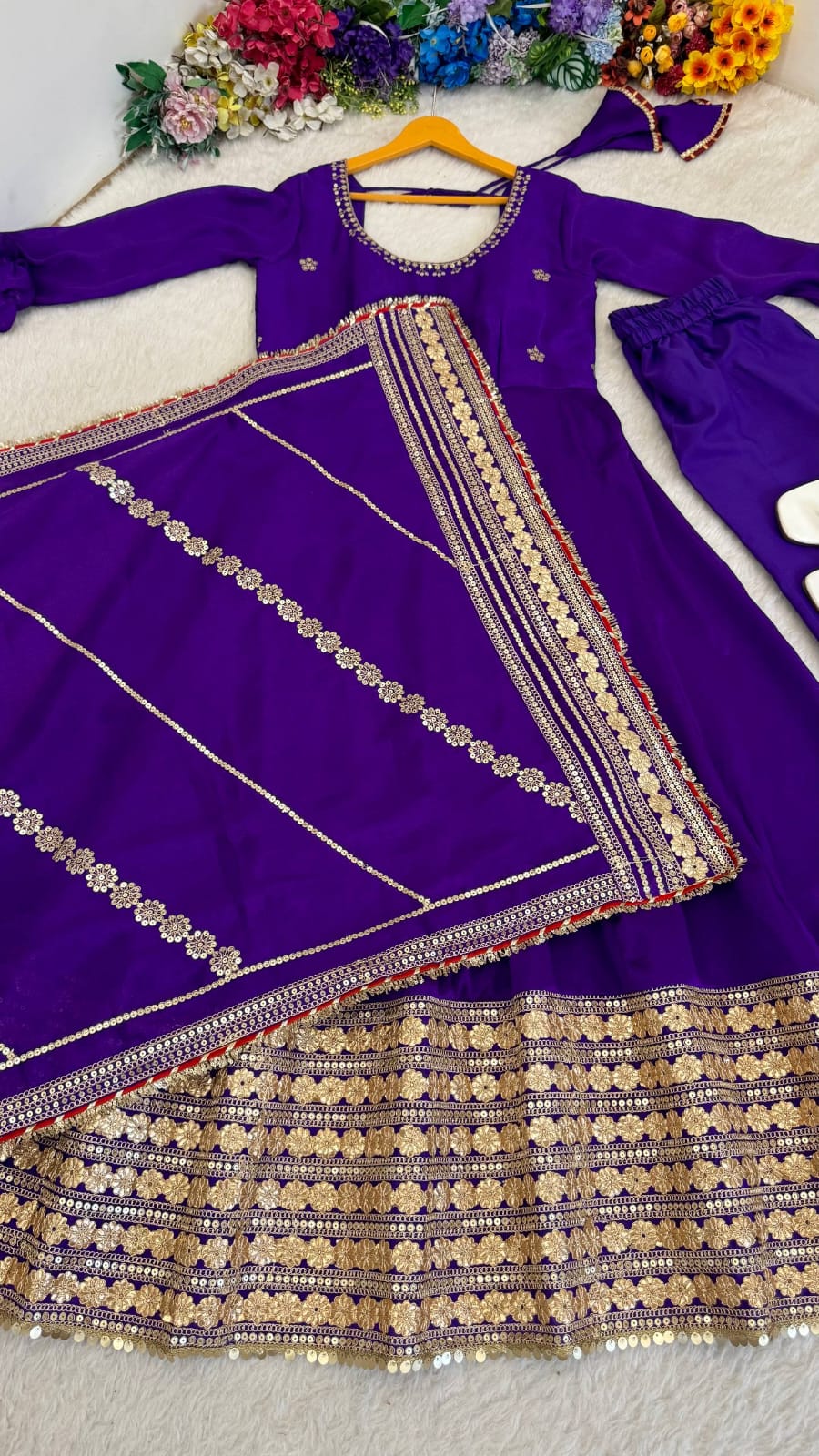 Purple color Gold Zari and Sequence and Embroidery work Party Wear Designer Anarkali Gown