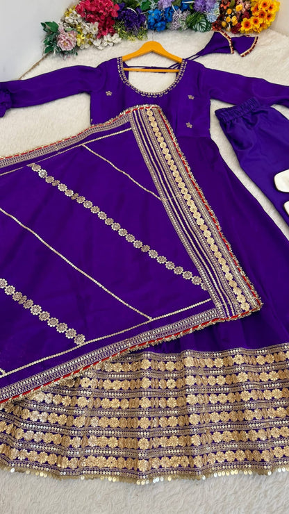 Purple color Gold Zari and Sequence and Embroidery work Party Wear Designer Anarkali Gown
