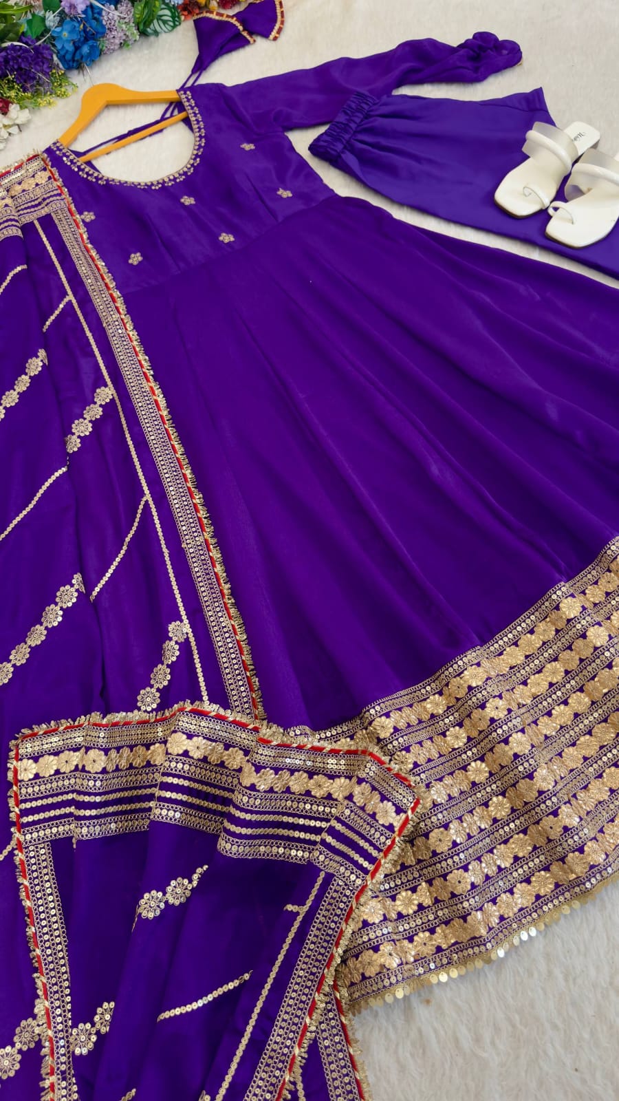 Purple color Gold Zari and Sequence and Embroidery work Party Wear Designer Anarkali Gown