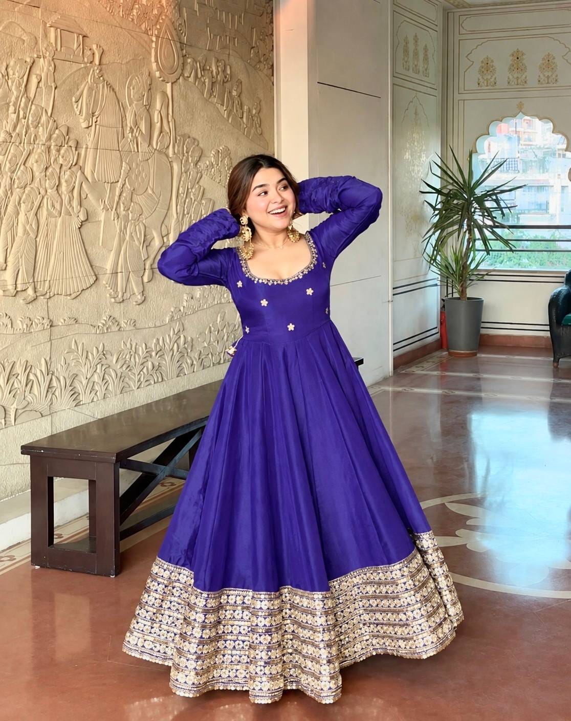 Purple color Gold Zari and Sequence and Embroidery work Party Wear Designer Anarkali Gown