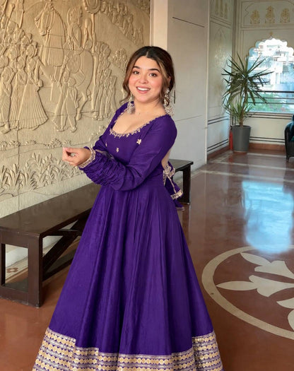 Purple color Gold Zari and Sequence and Embroidery work Party Wear Designer Anarkali Gown