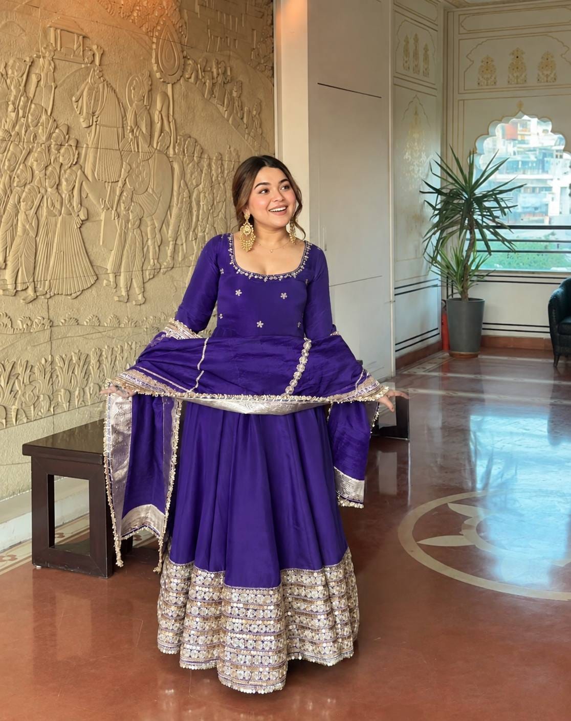 Purple color Gold Zari and Sequence and Embroidery work Party Wear Designer Anarkali Gown