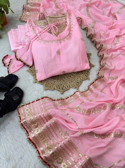 Baby Pink color Gold Zari and Sequence and Embroidery work Party Wear Designer Anarkali Gown