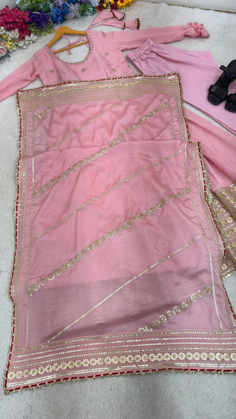 Baby Pink color Gold Zari and Sequence and Embroidery work Party Wear Designer Anarkali Gown