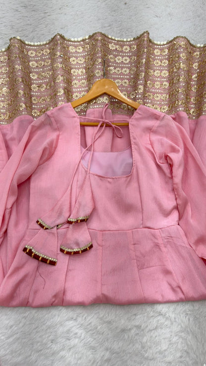 Baby Pink color Gold Zari and Sequence and Embroidery work Party Wear Designer Anarkali Gown