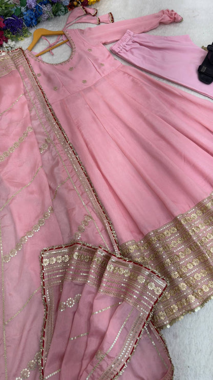 Baby Pink color Gold Zari and Sequence and Embroidery work Party Wear Designer Anarkali Gown