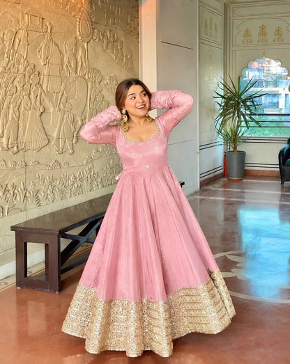 Baby Pink color Gold Zari and Sequence and Embroidery work Party Wear Designer Anarkali Gown