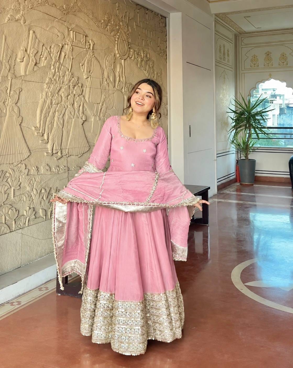 Baby Pink color Gold Zari and Sequence and Embroidery work Party Wear Designer Anarkali Gown