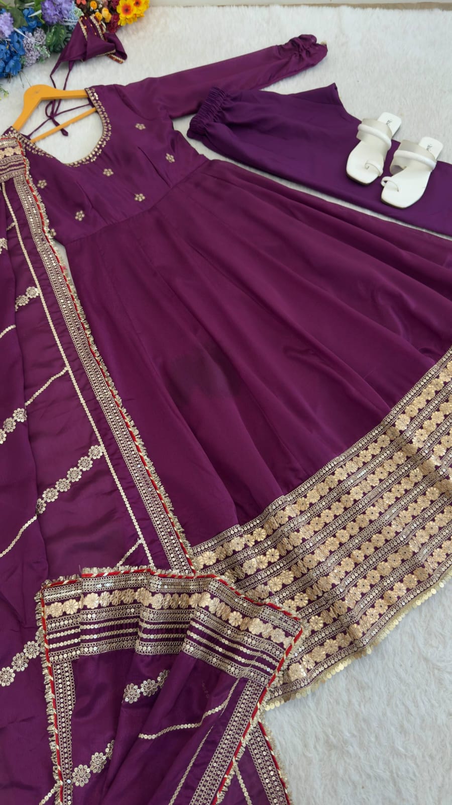 Wine color Gold Zari and Sequence and Embroidery work Party Wear Designer Anarkali Gown