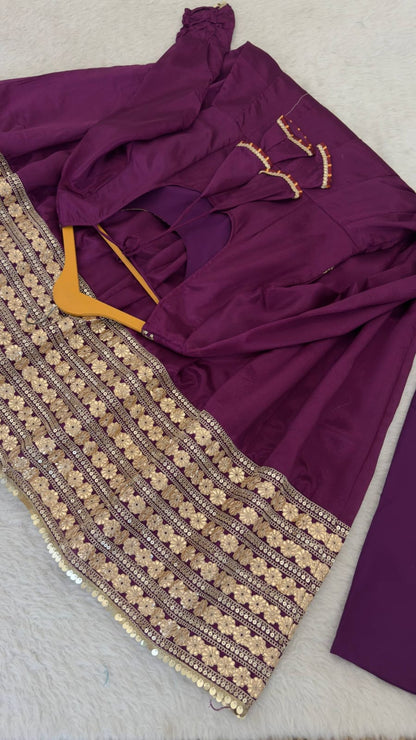 Wine color Gold Zari and Sequence and Embroidery work Party Wear Designer Anarkali Gown