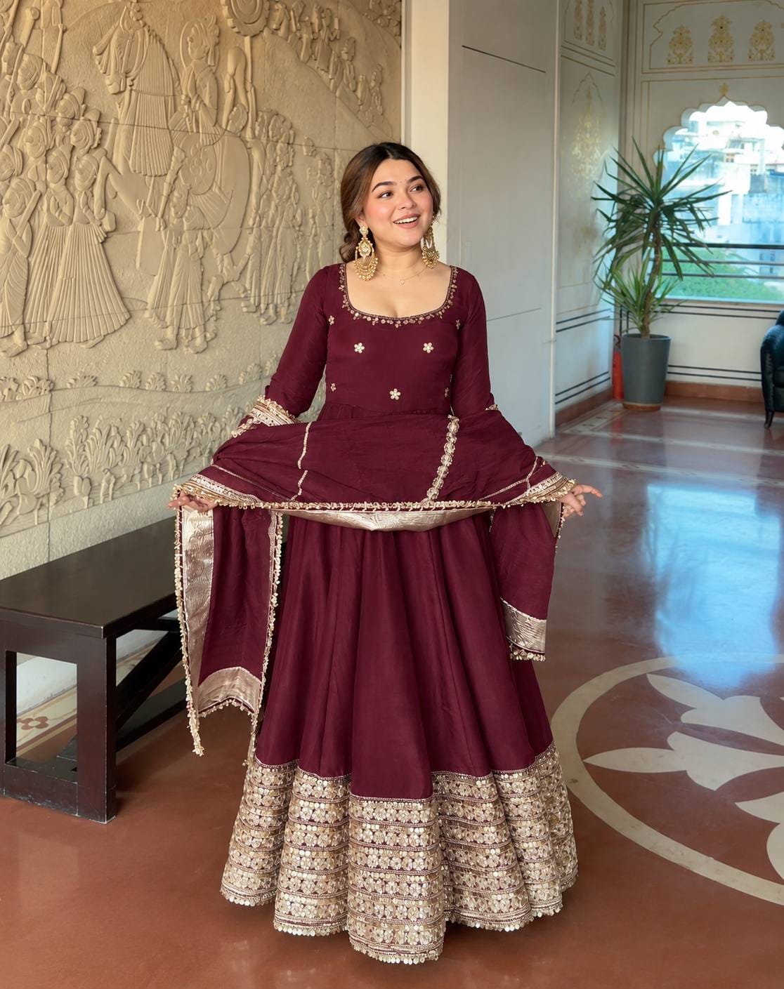 Wine color Gold Zari and Sequence and Embroidery work Party Wear Designer Anarkali Gown