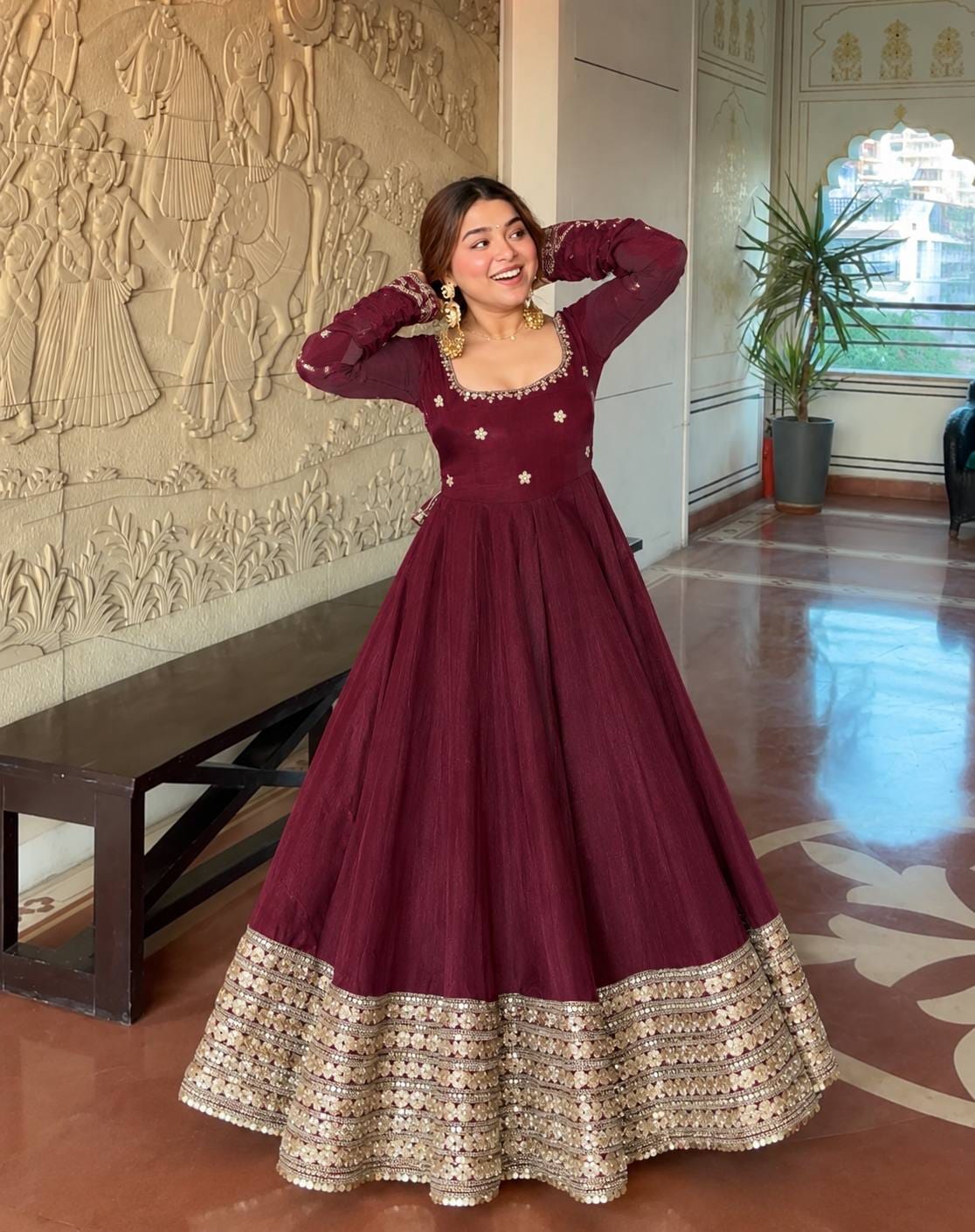 Wine color Gold Zari and Sequence and Embroidery work Party Wear Designer Anarkali Gown