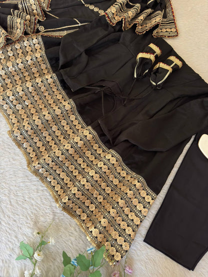 Black color Gold Zari and Sequence and Embroidery work Party Wear Designer Anarkali Gown