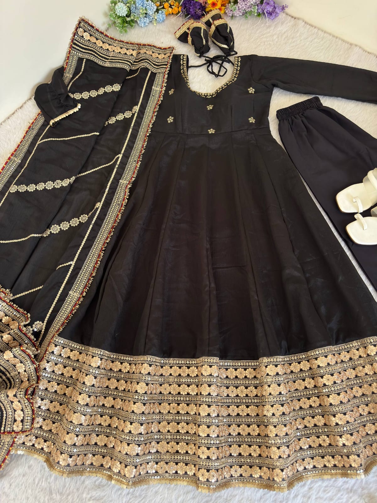 Black color Gold Zari and Sequence and Embroidery work Party Wear Designer Anarkali Gown