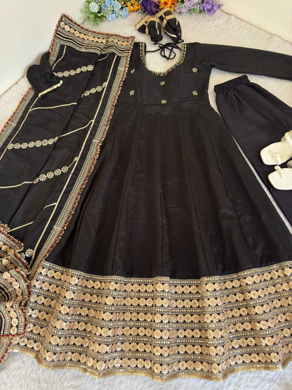 Black color Gold Zari and Sequence and Embroidery work Party Wear Designer Anarkali Gown
