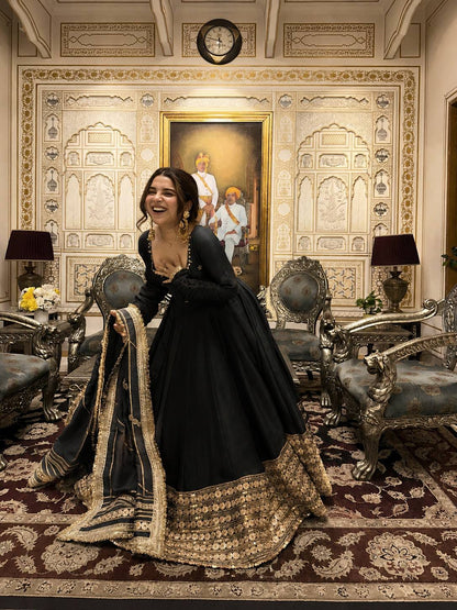 Black color Gold Zari and Sequence and Embroidery work Party Wear Designer Anarkali Gown