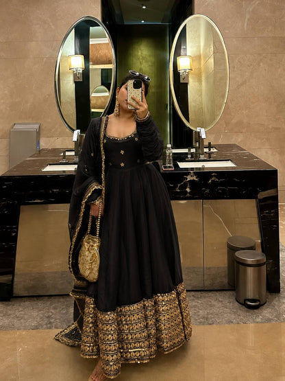 Black color Gold Zari and Sequence and Embroidery work Party Wear Designer Anarkali Gown