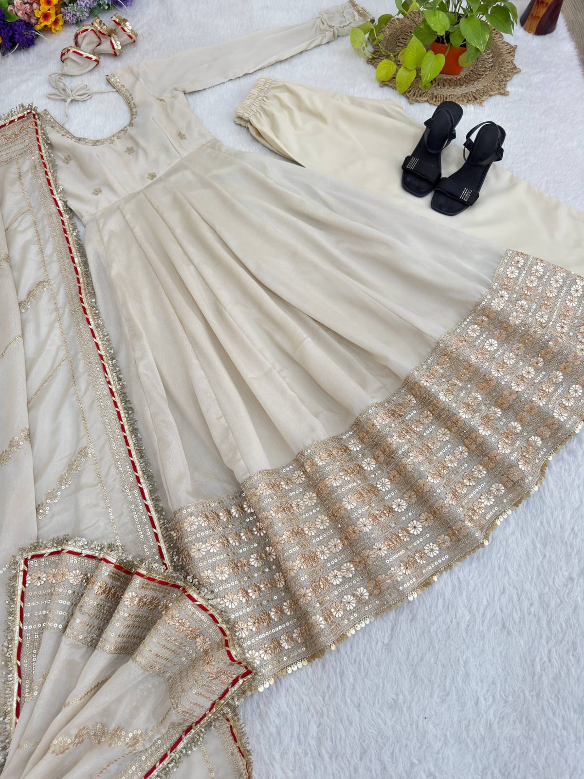 Beige color Gold Zari and Sequence and Embroidery work Party Wear Designer Anarkali Gown