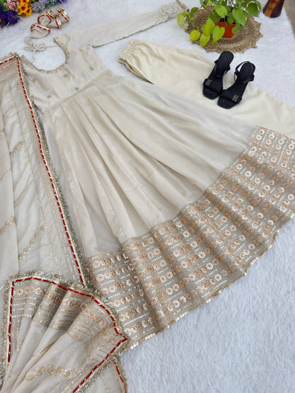 Beige color Gold Zari and Sequence and Embroidery work Party Wear Designer Anarkali Gown