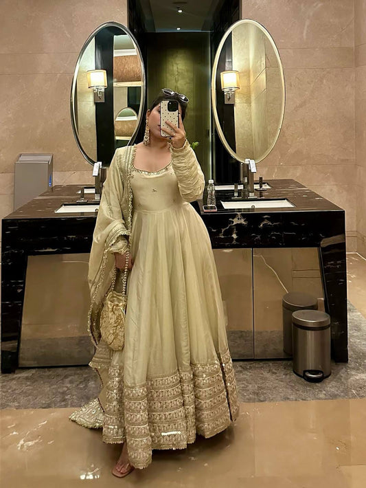 Beige color Gold Zari and Sequence and Embroidery work Party Wear Designer Anarkali Gown