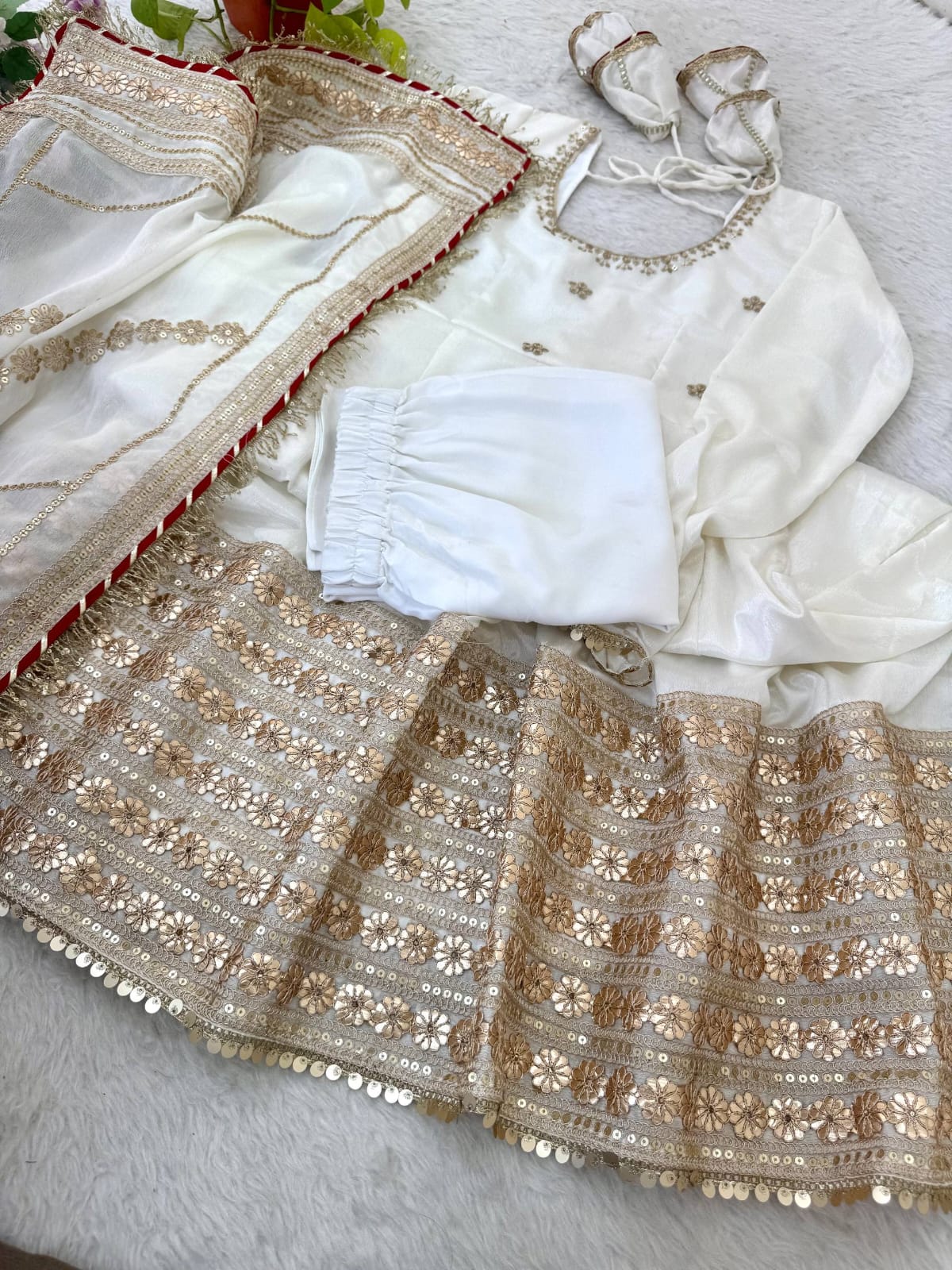 White color Gold Zari and Sequence and Embroidery work Party Wear Designer Anarkali Gown