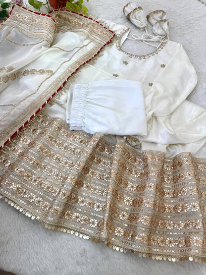 White color Gold Zari and Sequence and Embroidery work Party Wear Designer Anarkali Gown