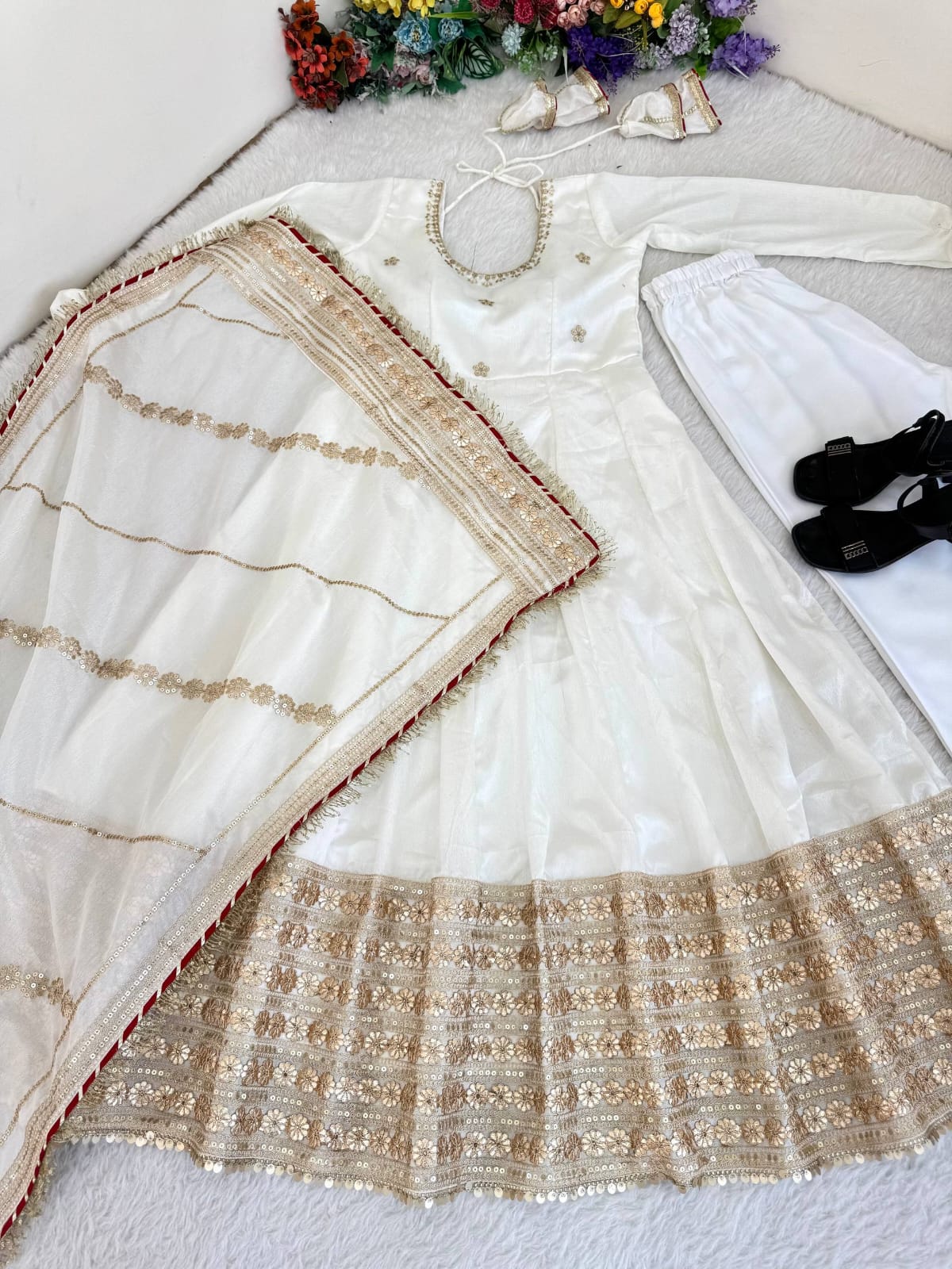 White color Gold Zari and Sequence and Embroidery work Party Wear Designer Anarkali Gown