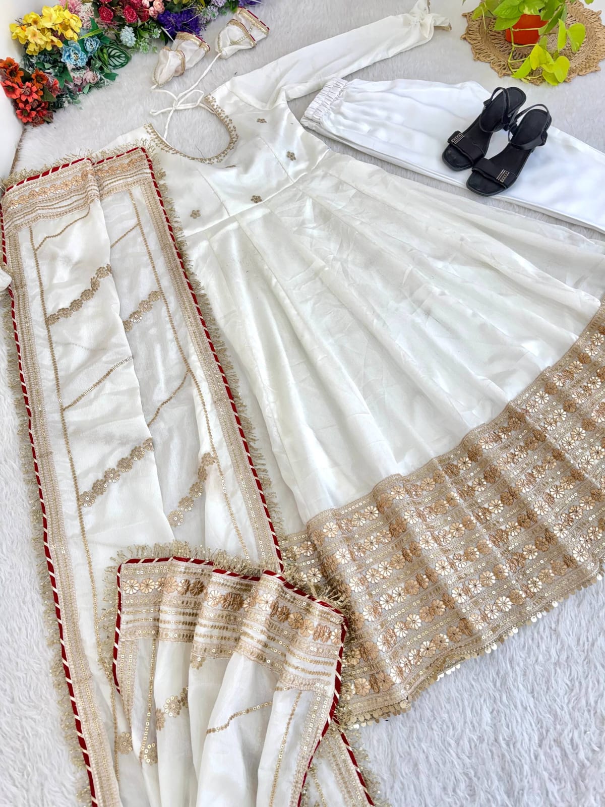 White color Gold Zari and Sequence and Embroidery work Party Wear Designer Anarkali Gown