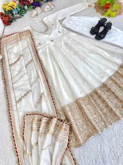 White color Gold Zari and Sequence and Embroidery work Party Wear Designer Anarkali Gown