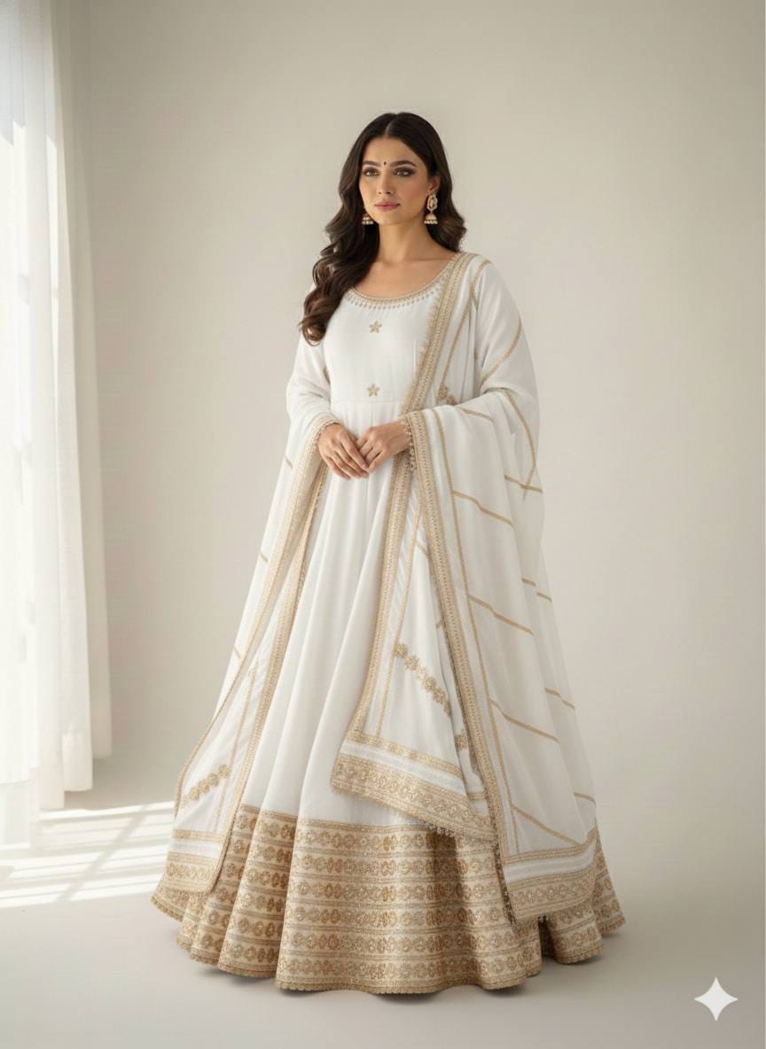 White color Gold Zari and Sequence and Embroidery work Party Wear Designer Anarkali Gown
