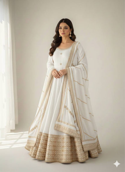 White color Gold Zari and Sequence and Embroidery work Party Wear Designer Anarkali Gown