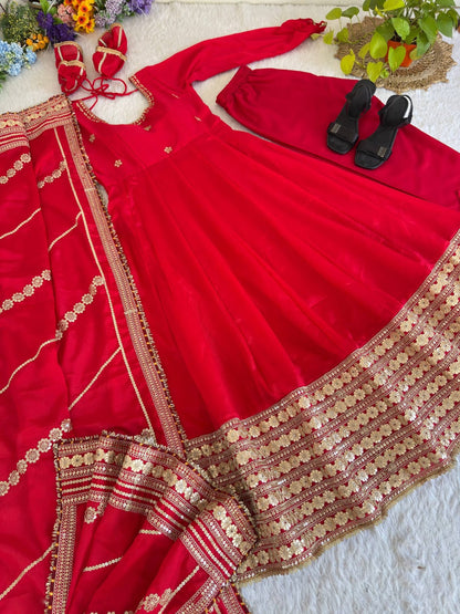 Red color Gold Zari and Sequence and Embroidery work Party Wear Designer Anarkali Gown