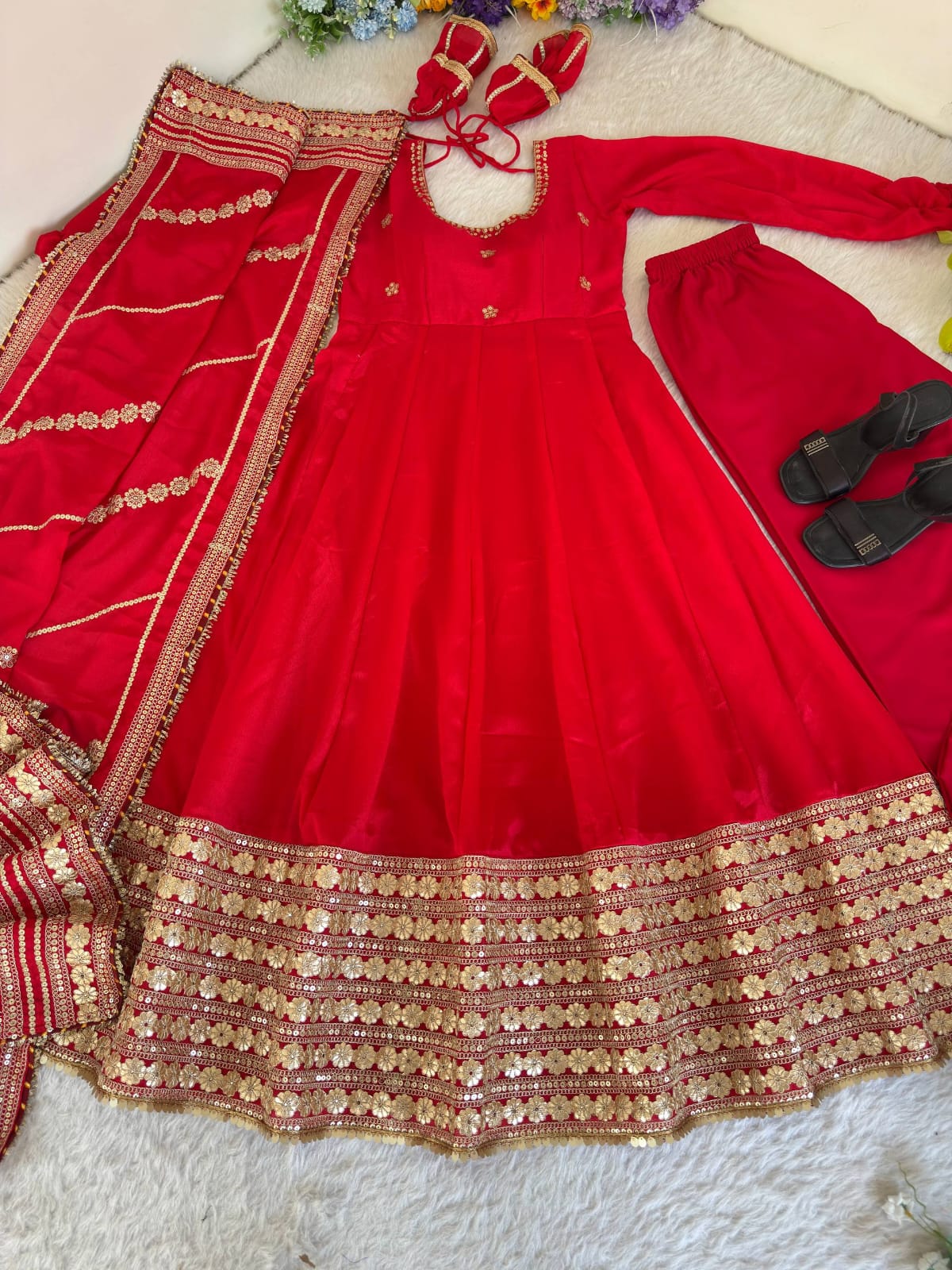Red color Gold Zari and Sequence and Embroidery work Party Wear Designer Anarkali Gown