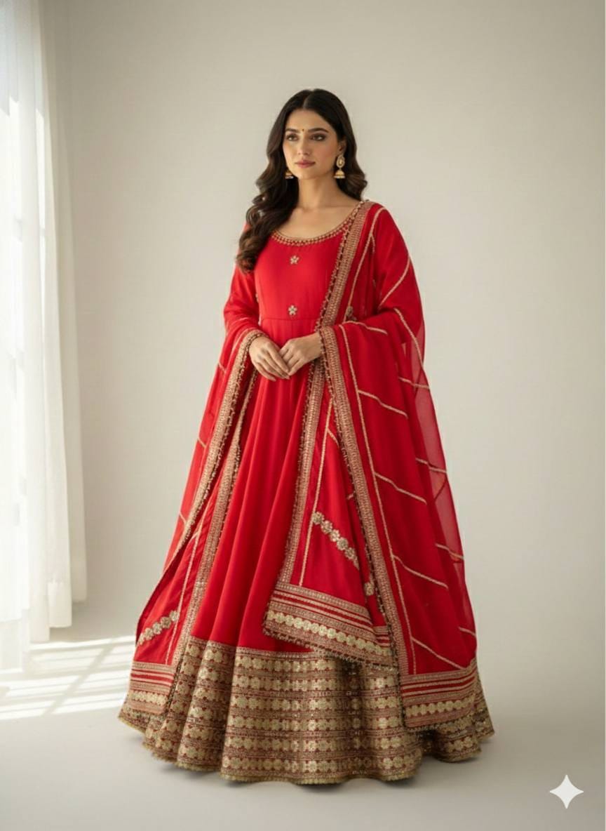 Red color Gold Zari and Sequence and Embroidery work Party Wear Designer Anarkali Gown