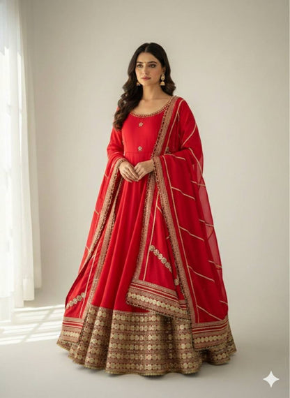 Red color Gold Zari and Sequence and Embroidery work Party Wear Designer Anarkali Gown