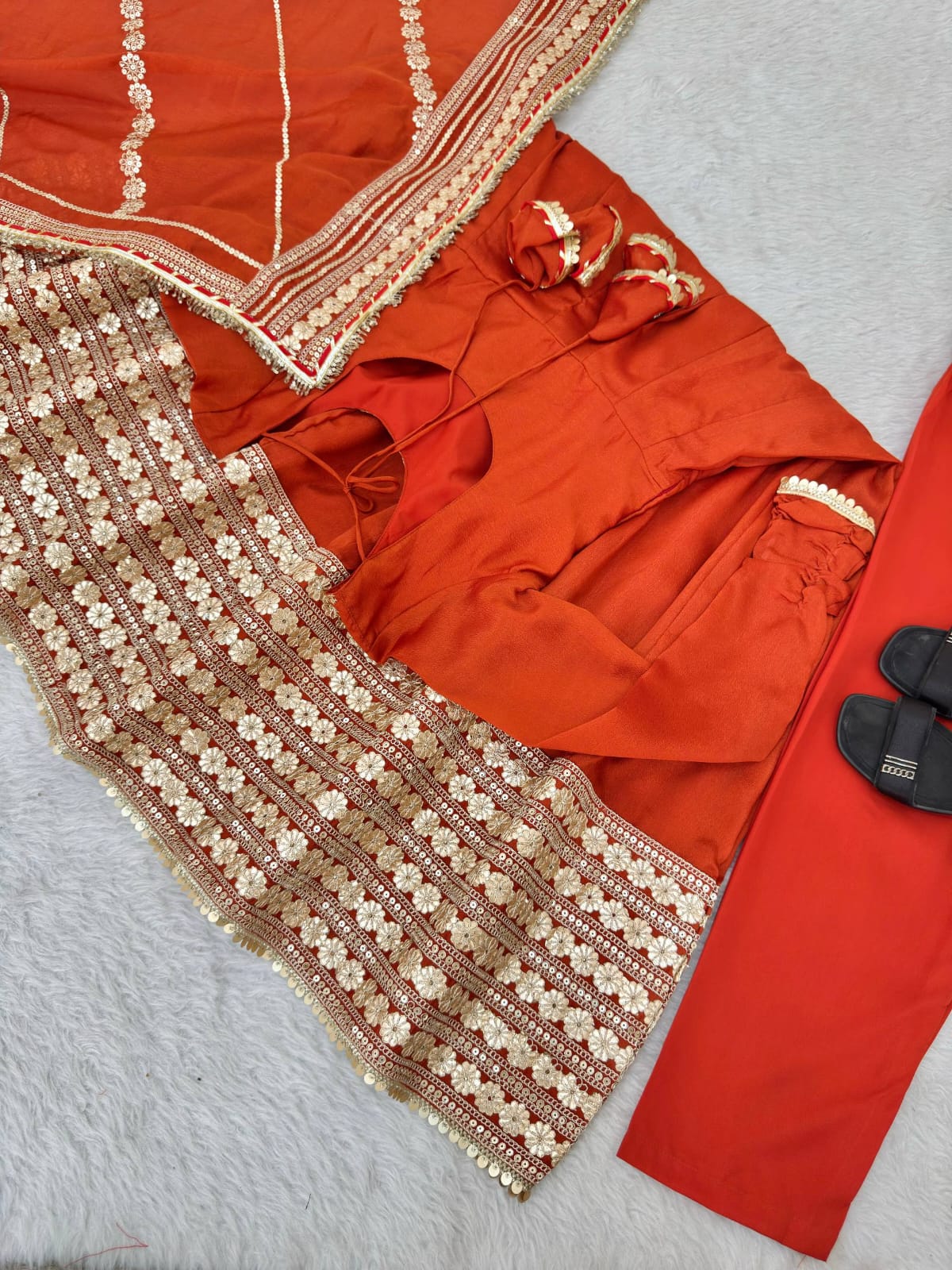 Rust Orange color Gold Zari and Sequence and Embroidery work Party Wear Designer Anarkali Gown