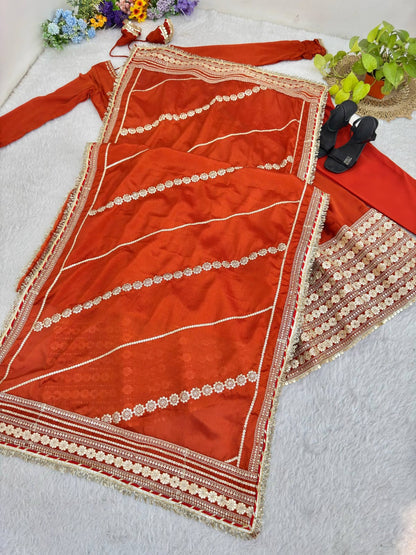 Rust Orange color Gold Zari and Sequence and Embroidery work Party Wear Designer Anarkali Gown