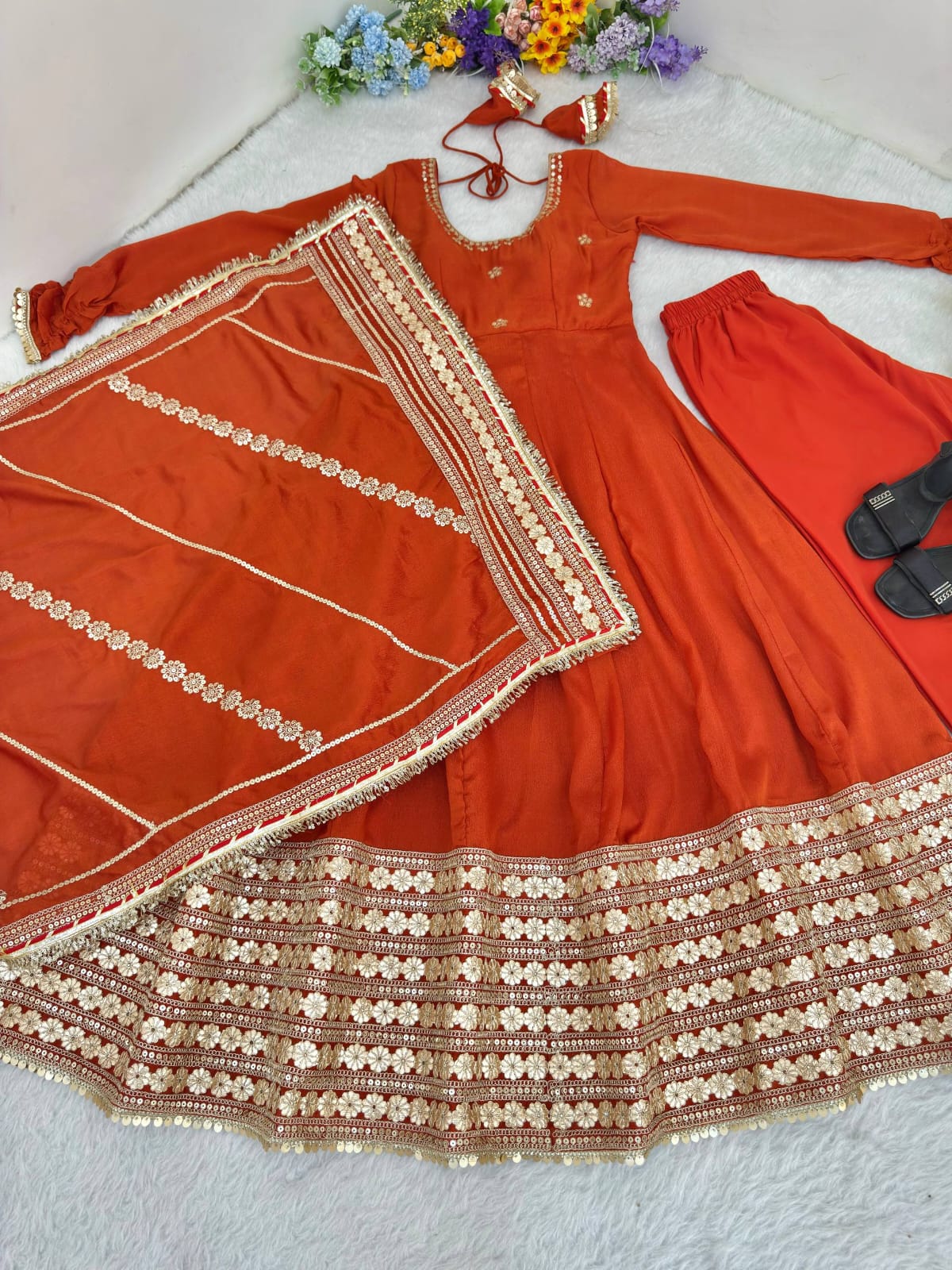 Rust Orange color Gold Zari and Sequence and Embroidery work Party Wear Designer Anarkali Gown