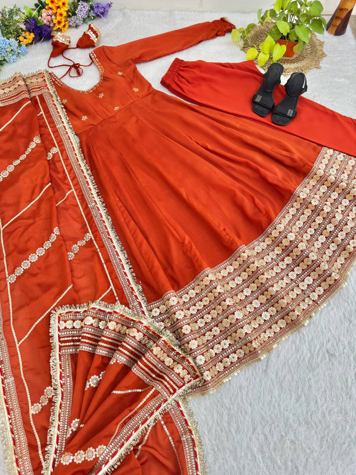 Rust Orange color Gold Zari and Sequence and Embroidery work Party Wear Designer Anarkali Gown