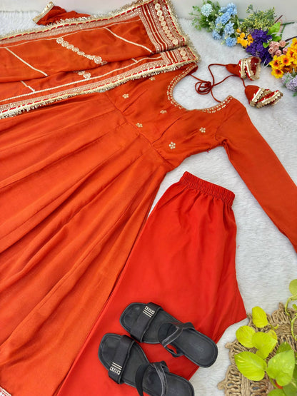 Rust Orange color Gold Zari and Sequence and Embroidery work Party Wear Designer Anarkali Gown