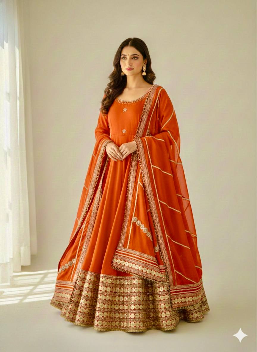 Rust Orange color Gold Zari and Sequence and Embroidery work Party Wear Designer Anarkali Gown