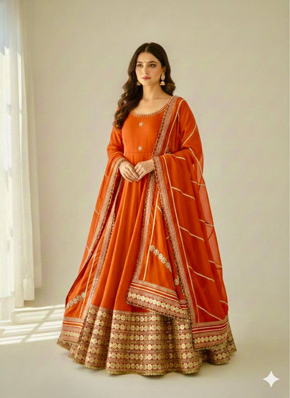 Rust Orange color Gold Zari and Sequence and Embroidery work Party Wear Designer Anarkali Gown